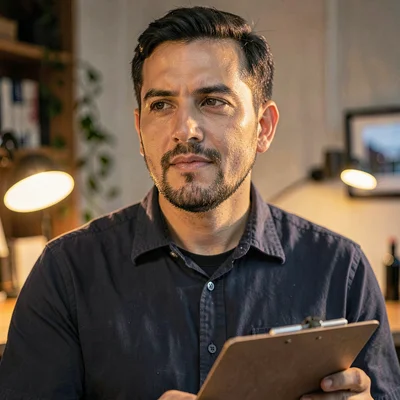 Tight portrait crop of a crew lead with a clipboard, warm tungsten lamp glow on 