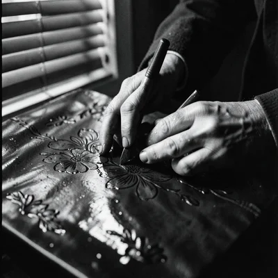 Close-up of fingers tooling a floral pattern into wet vegetable-tanned leather