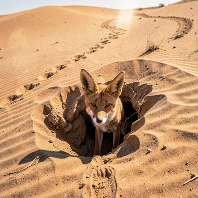 Desert environment photograph, extreme heat conditions, A desert fox with enormo