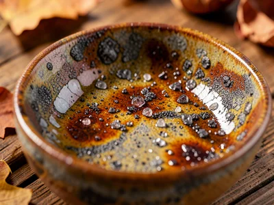 Handmade stoneware serving bowl with autumn-colored ash glaze, harvest table