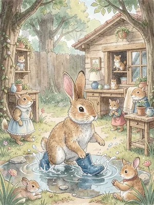 Rabbit splashing in rain boots