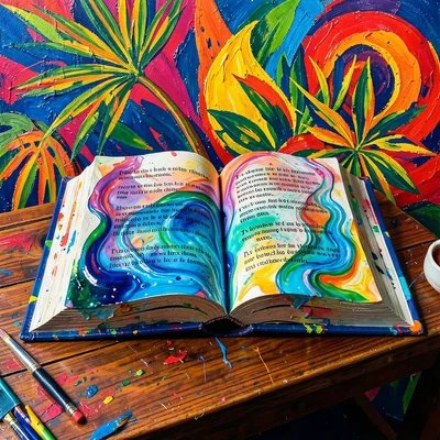 Liquid book, pages made of flowing water somehow maintaining text, reading desk