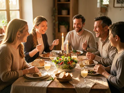 A family dinner table at golden hour with candles, fresh bread, and a large sala