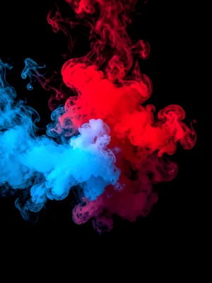 Colored smoke collision, red meets blue, turbulent mixing zone, black background