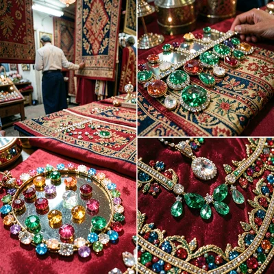 Through the Jaipur gem cutter's eye, faceted light, Rajasthani textiles displaye