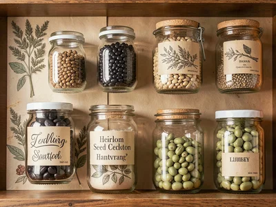 Labeled Seed Jars on Wooden Shelf