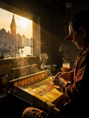 Silk weaver at loom