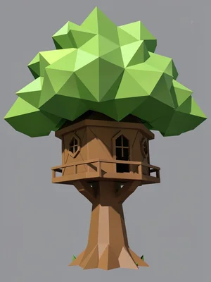 A treehouse in a low-poly oak tree with the canopy as angular green triangular m