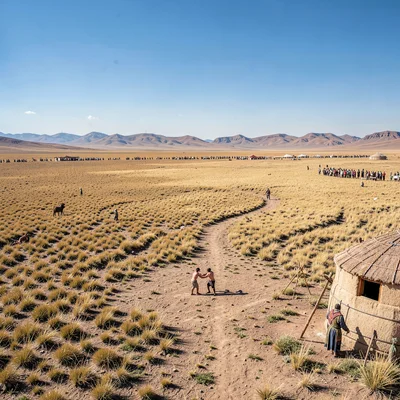 Gobi steppe horizontal, Mongolian vastness, Wrestling match at festival, two com