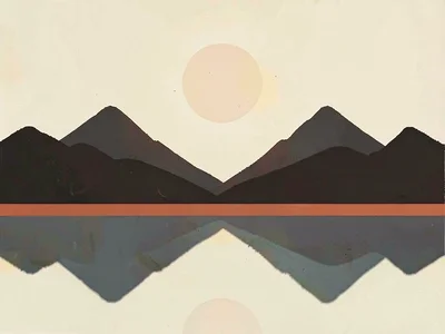 Reflective lake basin doubles charcoal mountain silhouettes under a sun-bleached