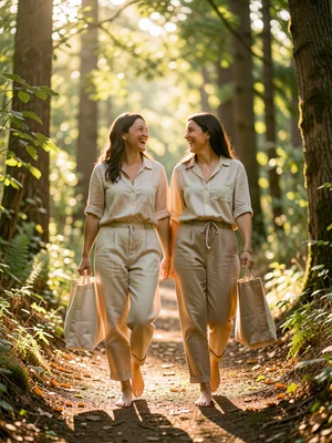 Two people walking barefoot on a forest trail, carrying tote bags, sunlight filt