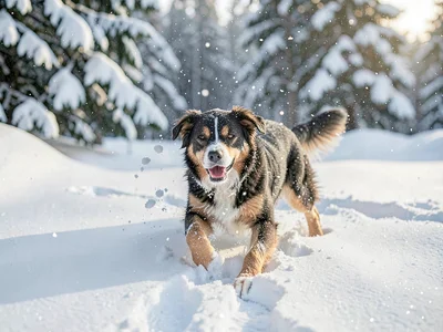 Dog experiencing first snow, confusion and excitement, paw prints appearing