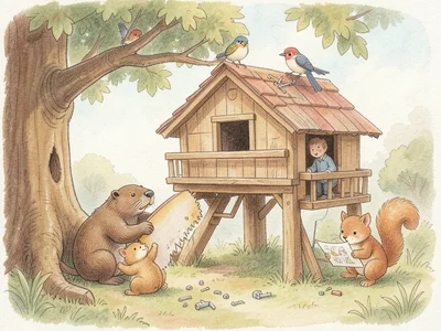 A group of animals building a treehouse together: beaver sawing, birds carrying 