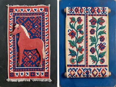 Woven folk textile alongside painted wooden object — red and blue geometric patt