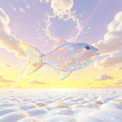 Glassy translucent fish-shaped icon floating mid-air over a banana-yellow tropic