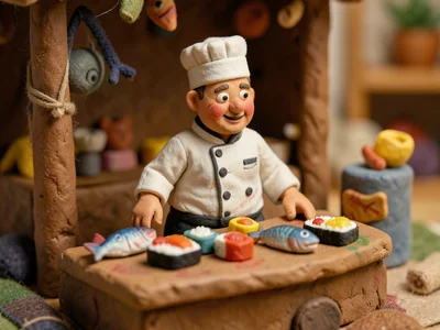 A miniature clay sushi chef behind a tiny counter, individual clay fish and rice