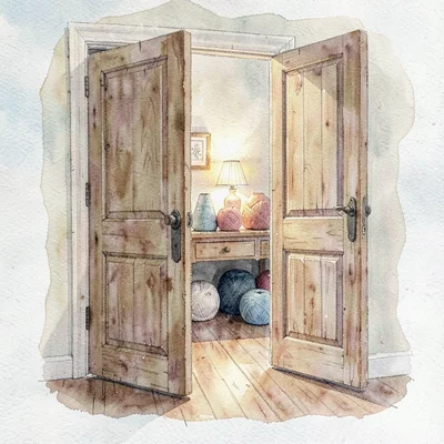 Watercolor of a wooden door propped open to a back room of yarn cones, lamplight