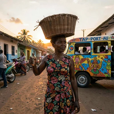 Resilient color in Port-au-Prince, Haiti, Market woman with basket on head, silh