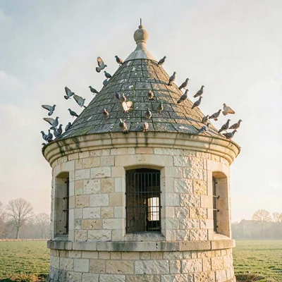 a single round dovecote at clear afternoon, pale stone warming, a slow drift of 