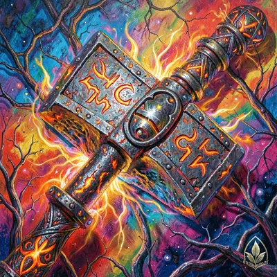 Ornate prop study of an iron warhammer with engraved ember runes, sharp specular