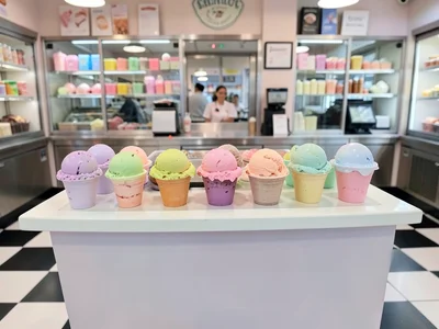 Ice cream shop counter, pastel flavors in row, symmetrical scoops, checkered flo