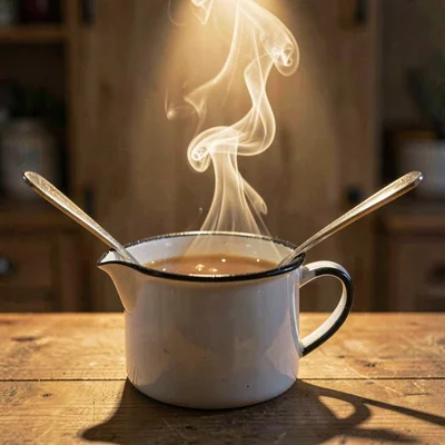 Square teaser of an enamel pitcher of broth on the pass, steam curling lazily in
