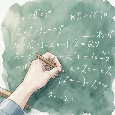 Close-up of a hand writing mathematical equations on a green chalkboard