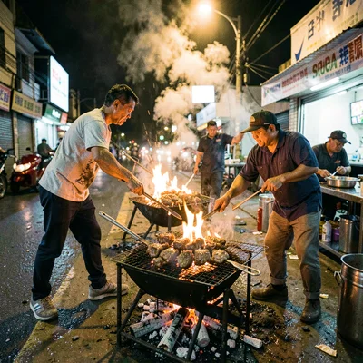 High-energy street photograph, Suya meat grilling on wire rack over charcoal at 