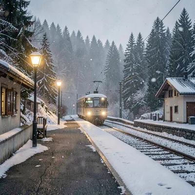 a Swiss village train halt at snow-fall dusk, single slim platform, lamp halos c