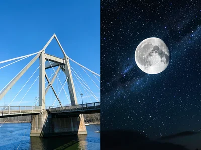 Bridge split — left half blue sky noon, right half full moon starry night