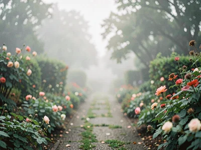 Foggy garden path soft throughout