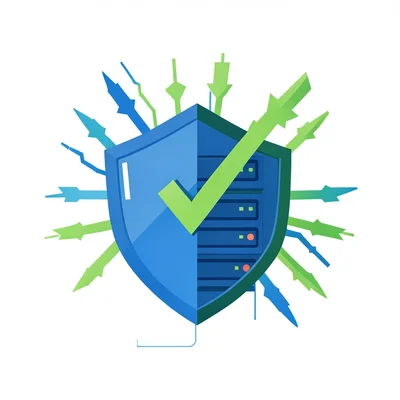 A shield with a checkmark defending a server rack from incoming virus arrows, bl