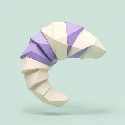 Crescent cream lowpoly croissant with chunky lavender shadow facets along its fo