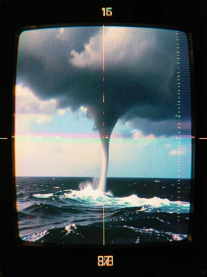 Waterspout over tropical ocean, thin funnel connecting dark cloud to churning se