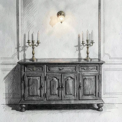 Charcoal-mood of a heavy carved sideboard with brass candlesticks, single warm s