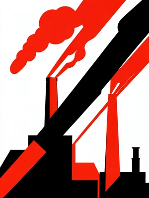 Factory chimney stacks emitting smoke rendered as bold diagonal streaks