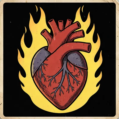 Mexican lotería card illustration, a human heart anatomical style with flames su