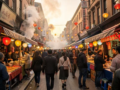 Market street with food stalls, steam and lanterns, diverse crowd, warm evening