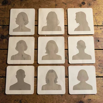 Modular grid of nine pale portrait-card silhouettes representing a casting board
