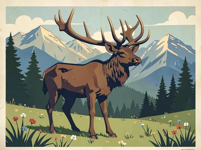 WPA wild elk in mountain meadow