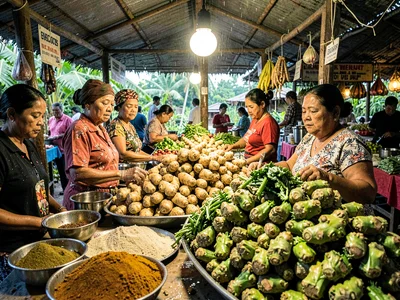 Humid tropical market light in Suva, Fiji, Ginger root and galangal piled high a