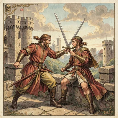 A swordfight on castle battlements