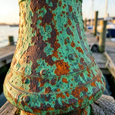 Bronze ship bell with heavy ocean patina, warm summer dock background