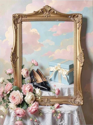 Silk shoes with buckle beside a powder-blue hatbox tied with ivory ribbon