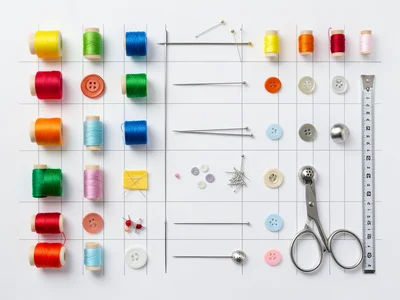 A sewing kit: thread spools in rainbow order, needles, pins, buttons, thimble, s