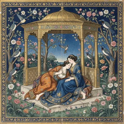 Lovers reclining in a blooming garden pavilion surrounded by nightingales
