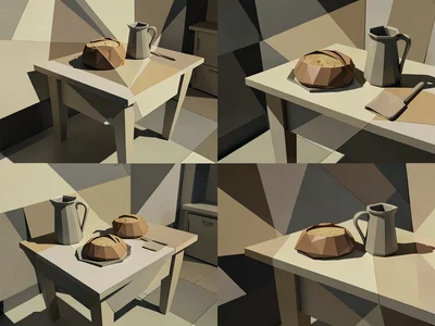 Kitchen table with bread and pitcher — planes folded and overlapping, multiple v