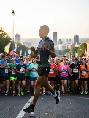 Runner's silhouette containing marathon crowd and city skyline, double exposure