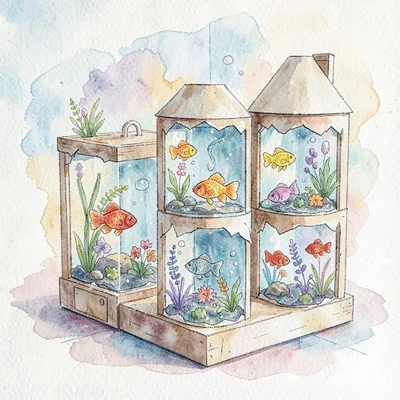 A pop-up paper aquarium pet store with torn-paper tanks and crayon goldfish bubb