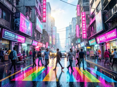 Rainbow painted crosswalk on city street, pedestrians crossing, summer sun